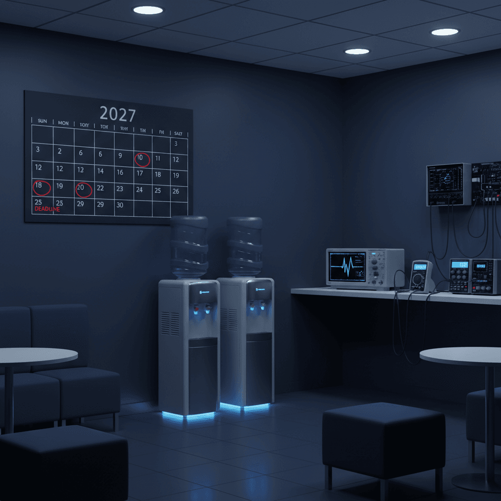 A large wall calendar showing 2027 with red circles around deadline dates, sitting next to office water coolers and testing equipment in a corporate breakroom setting