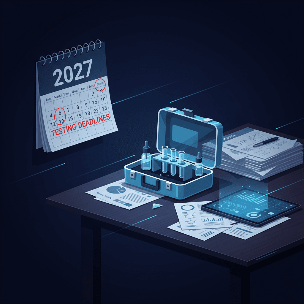 A calendar showing 2027 with red circles around testing deadlines, next to a scientific water testing kit and papers scattered on an office desk, conveying urgency and preparation