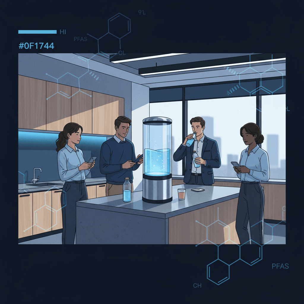 A modern office breakroom with employees filling water bottles at a filtration system, with a subtle overlay showing molecular diagrams of PFAS chemicals floating in the background, creating a contrast between clean-looking water and invisible contamination.