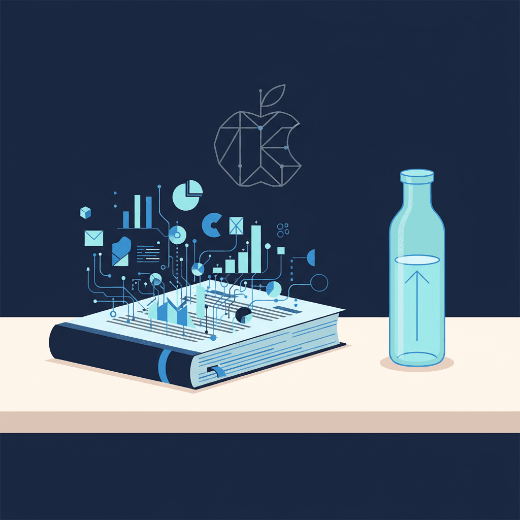 A thick corporate strategy report with charts and data next to a simple clean water bottle on a desk