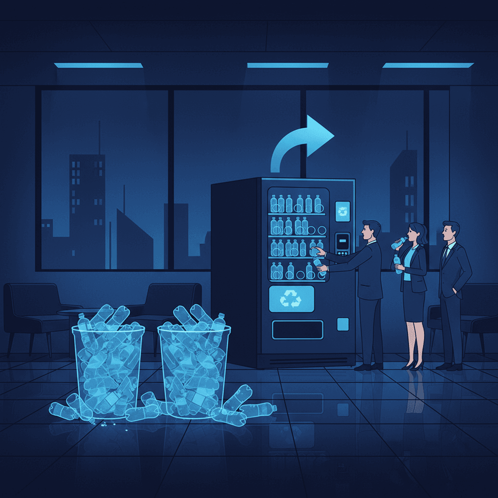 A corporate office breakroom with overflowing recycling bins full of plastic water bottles, while employees reach for more bottles from a vending machine, showing the disconnect between recycling promises and actual consumption patterns