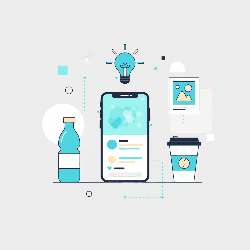 Smartphone with social media feed surrounded by everyday objects like a water bottle and coffee cup with creative connection lines