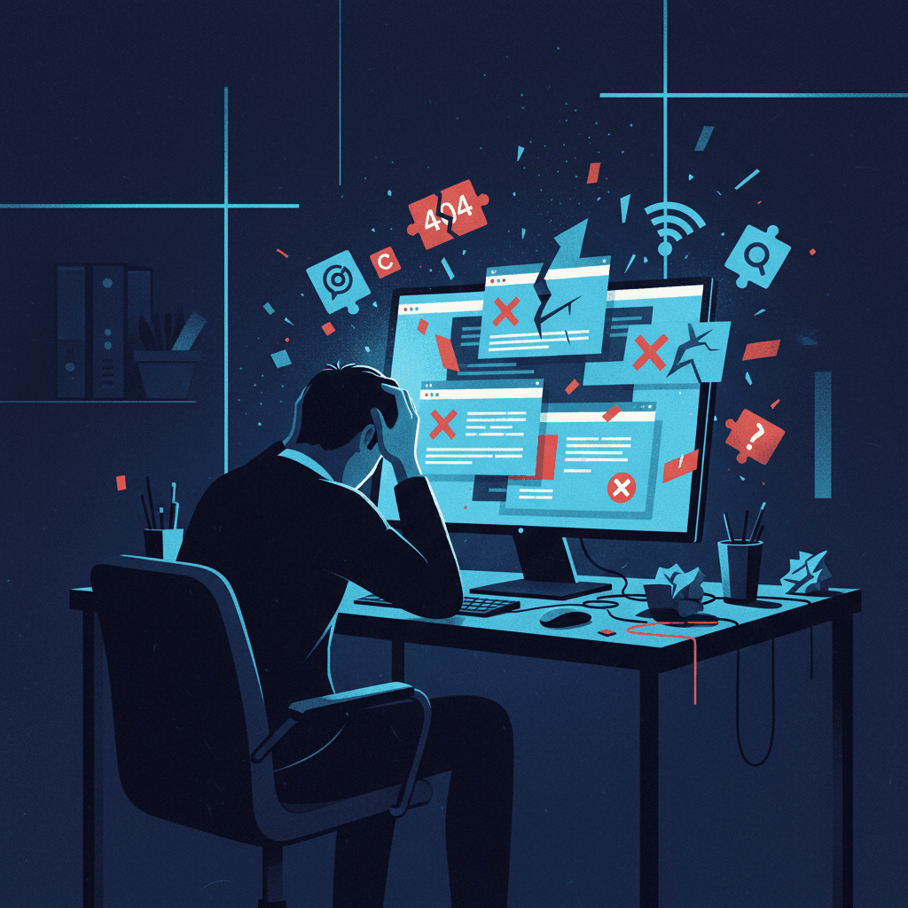 A person sitting at a computer with multiple browser tabs open, looking frustrated as broken link symbols and error messages float around the screen in a cluttered home office setting.