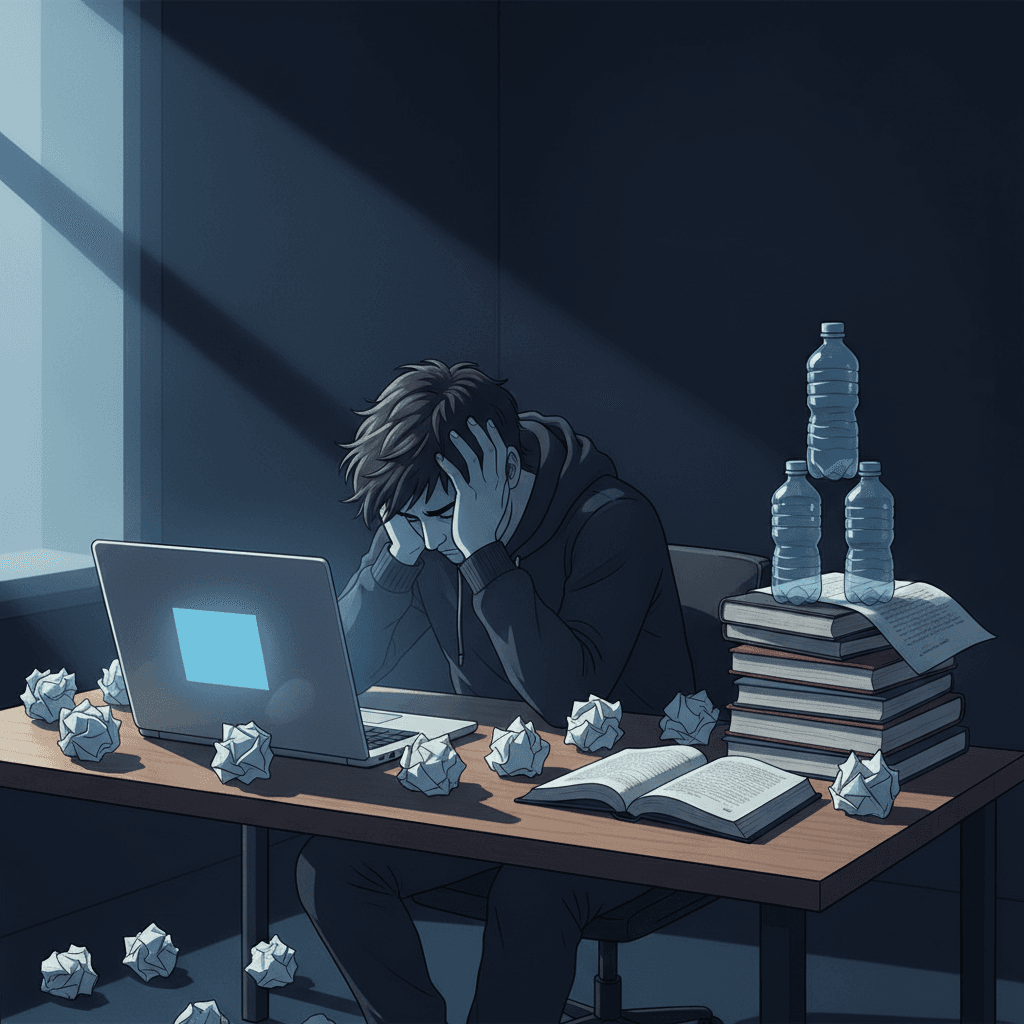 A frustrated writer sitting at a desk with crumpled papers scattered around, staring at a blank screen, with empty water bottles and research books piled nearby — capturing the struggle of trying to write factually without proper source material