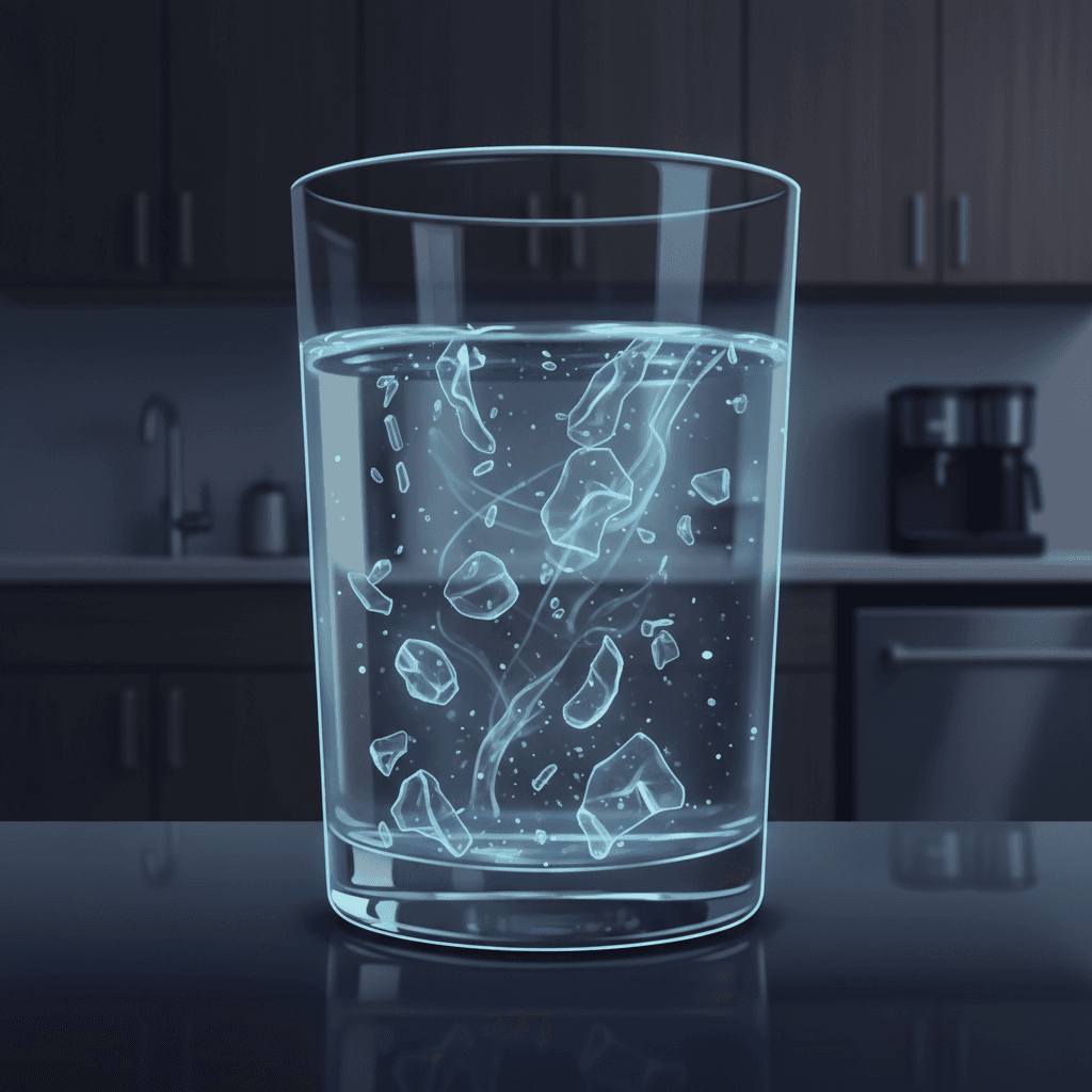 A microscopic view of tiny plastic particles floating in a glass of water, with an office breakroom blurred in the background, illustrating the invisible contamination in everyday drinking water.