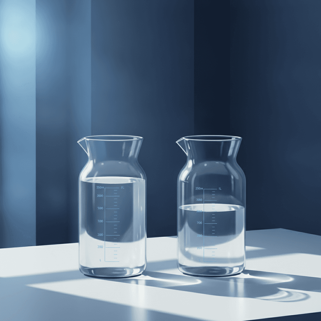 Two clear glass pitchers of water side by side on a plain white office table, one noticeably fuller than the other, with a faint measuring scale printed on the glass and soft afternoon light from a window behind them.