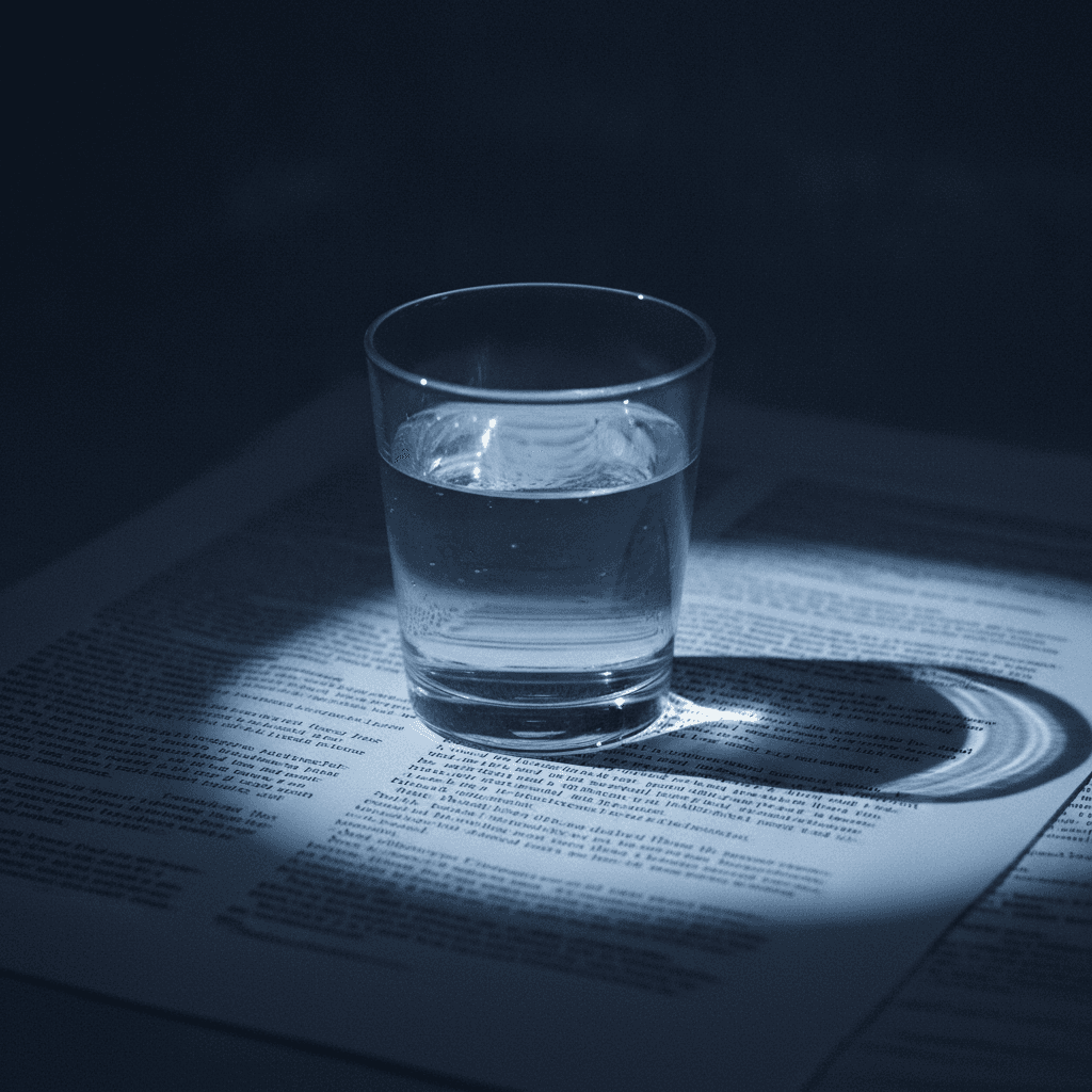A single glass of water sitting on a legal document covered in dense regulatory text, lit from the side so the water throws a sharp shadow across the page. Muted, documentary-style photography with a serious tone.