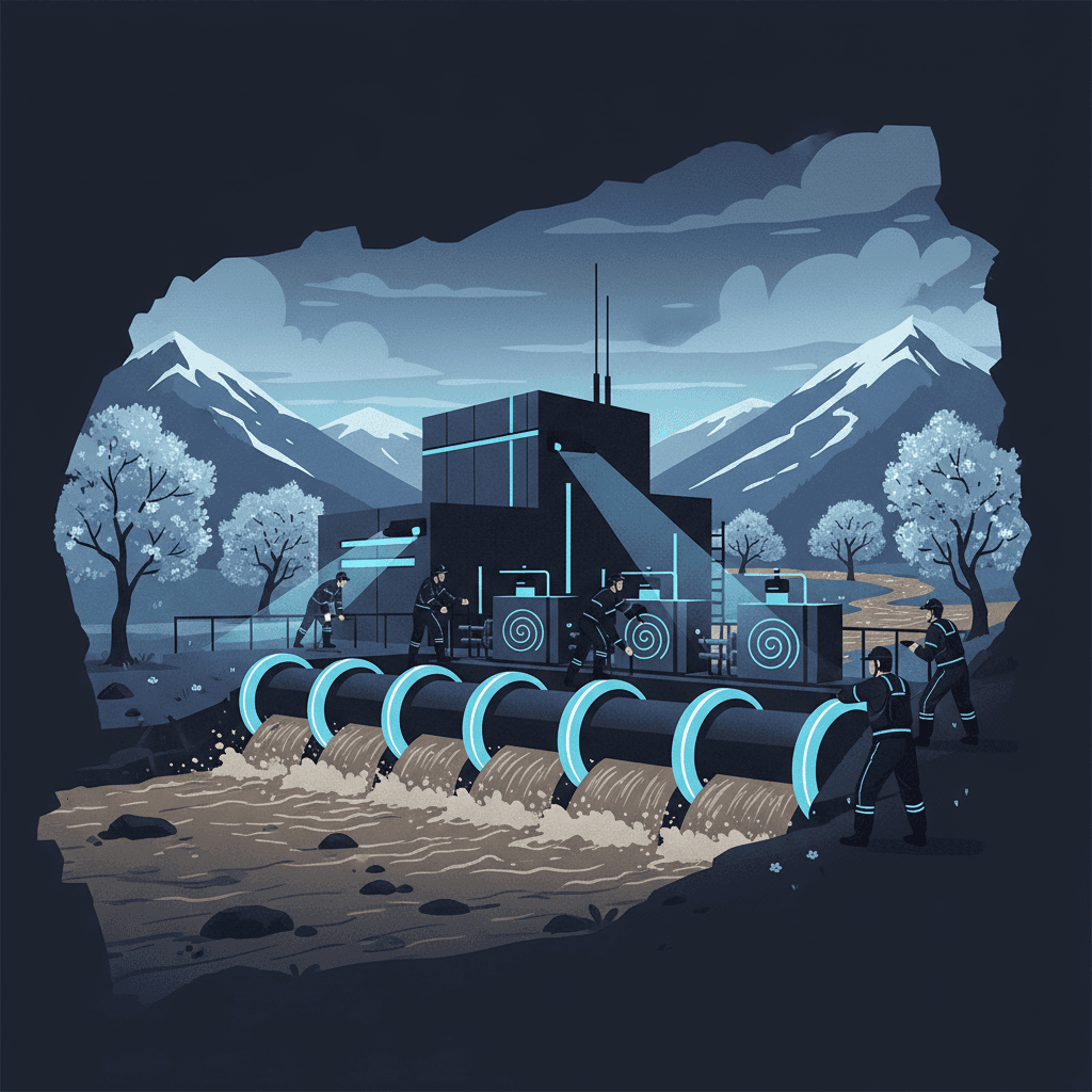 A water treatment facility with muddy spring runoff water flowing into intake pipes while workers adjust filtration equipment against a backdrop of melting snow and blooming trees.