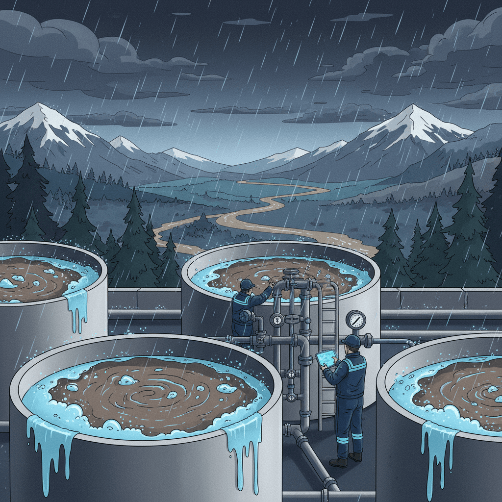 A water treatment plant with muddy, turbulent water flowing through large filtration tanks during spring, with technicians adjusting equipment against a backdrop of melting snow and rainfall