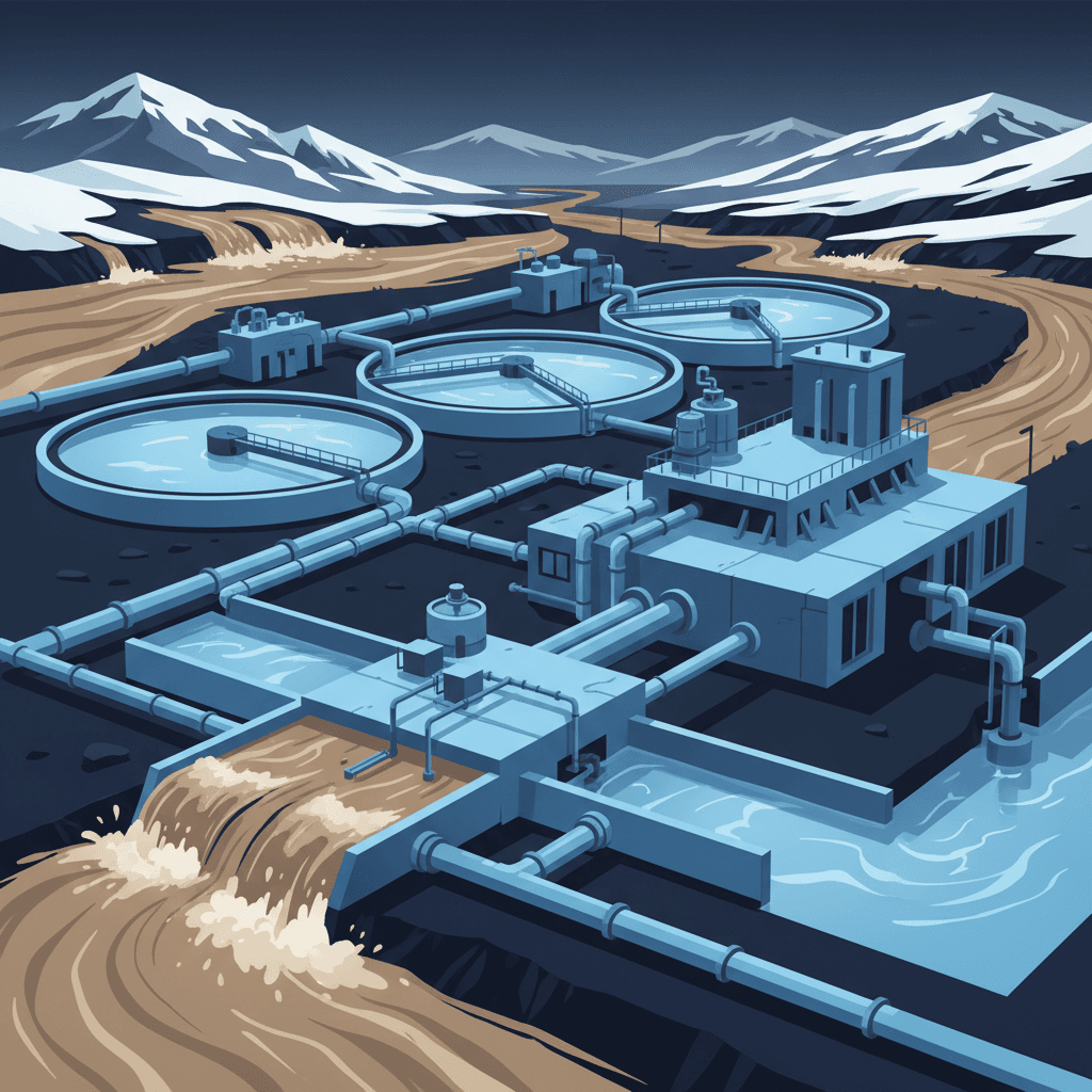 A water treatment plant with large settling tanks and filtration systems during spring, with snow melting in the background and muddy runoff water entering the facility, showing the seasonal challenges of water treatment.
