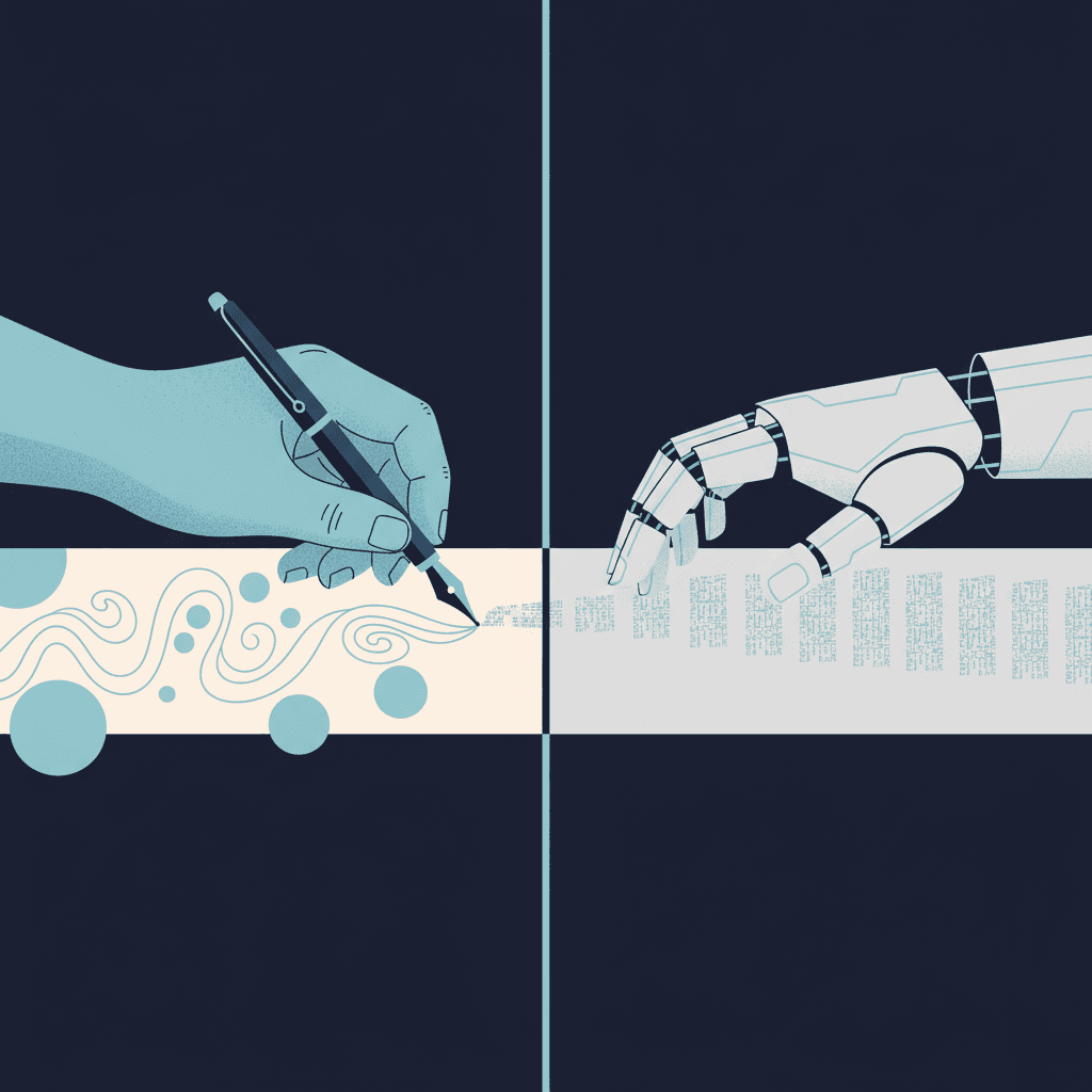 Human hand writing authentically on one side contrasted with a robotic hand producing generic cookie-cutter text on the other