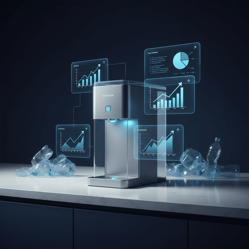 A modern office breakroom with a sleek bottleless water system, surrounded by charts and graphs showing upward market trends, with scattered plastic bottles in the background representing the old way