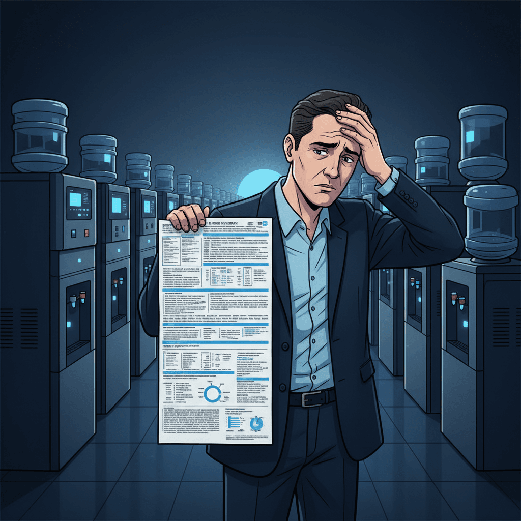 A overwhelmed office manager standing in a breakroom looking at a complex water testing report while thousands of water coolers and filtration systems stretch into the distance behind them, creating a visual metaphor for the scale of compliance challenges ahead.
