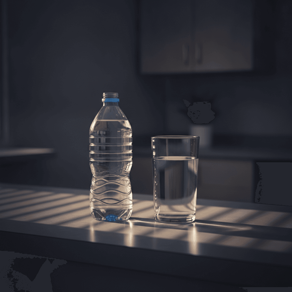 A single-use plastic water bottle sitting on a breakroom counter next to a glass of clear water, late afternoon light coming through blinds, sharp documentary-style photo with muted office colors.