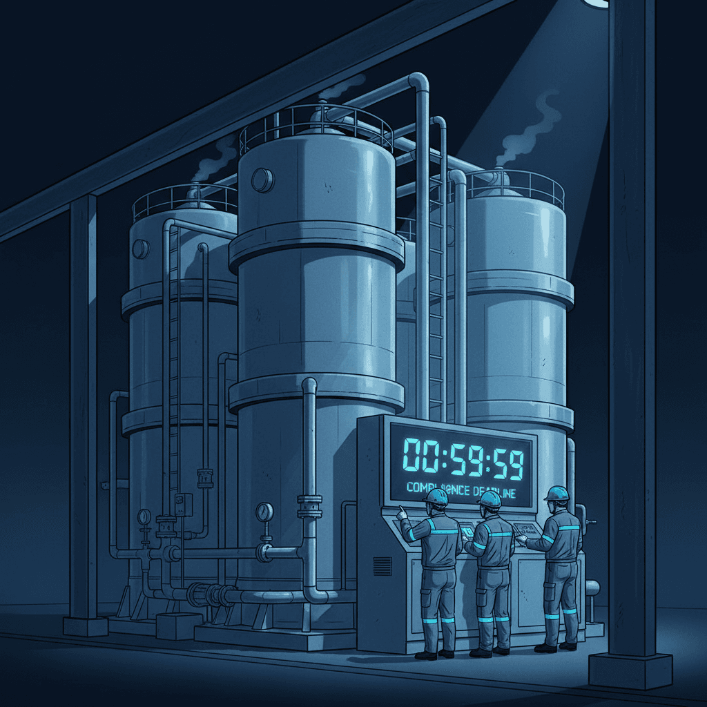 A large industrial water treatment facility with multiple filtration tanks and pipes, workers in hard hats inspecting equipment, with a countdown timer display showing time remaining until compliance deadline