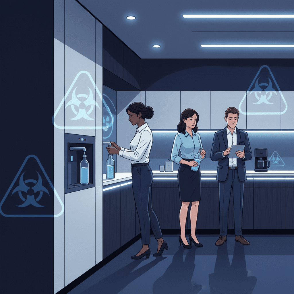 A modern office breakroom with employees filling water bottles from a tap, with subtle warning signs or caution symbols overlaying the clean, corporate setting to suggest hidden contamination concerns.