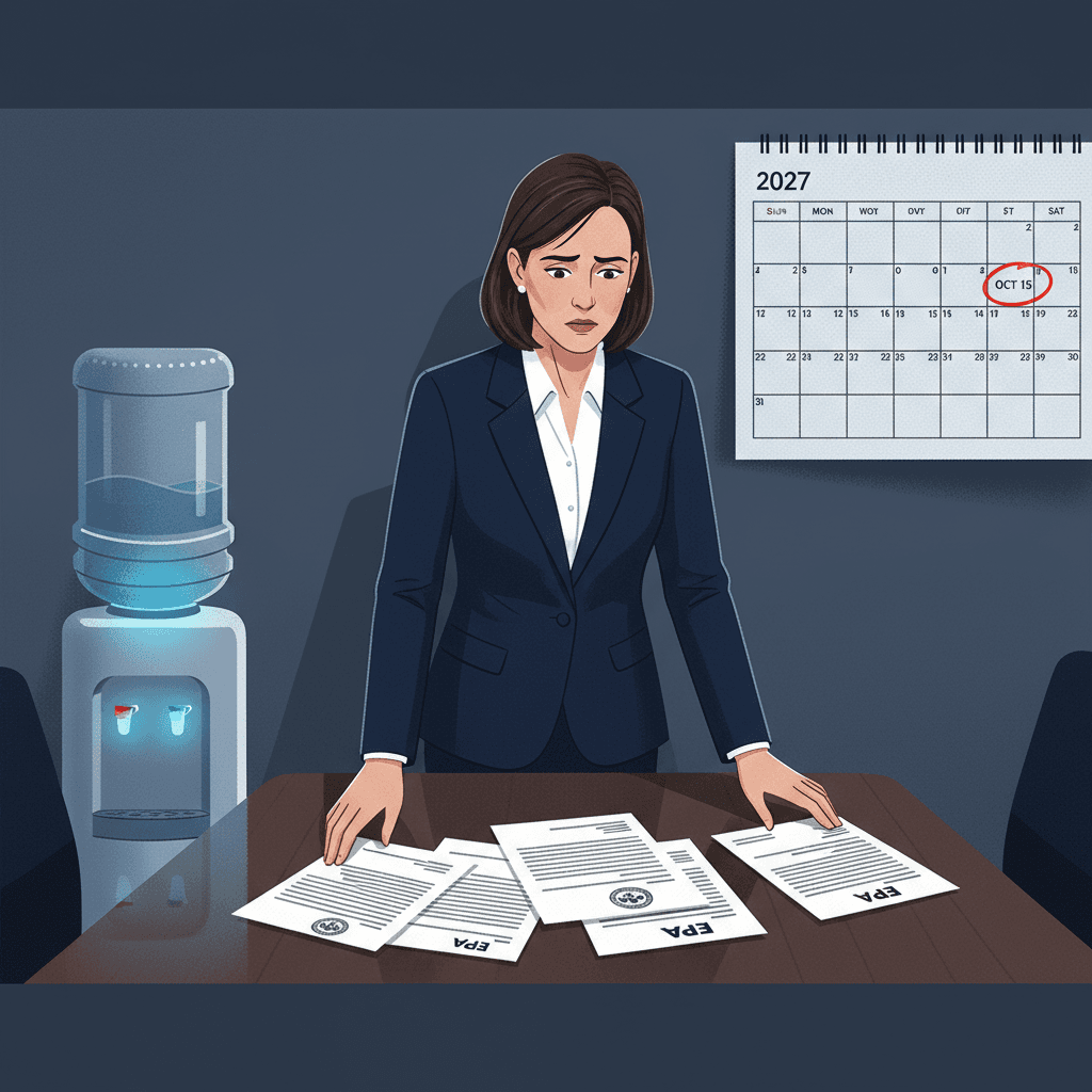 A concerned office manager looking at official EPA documents spread across a conference table, with a water cooler visible in the background and a calendar showing 2027 circled in red