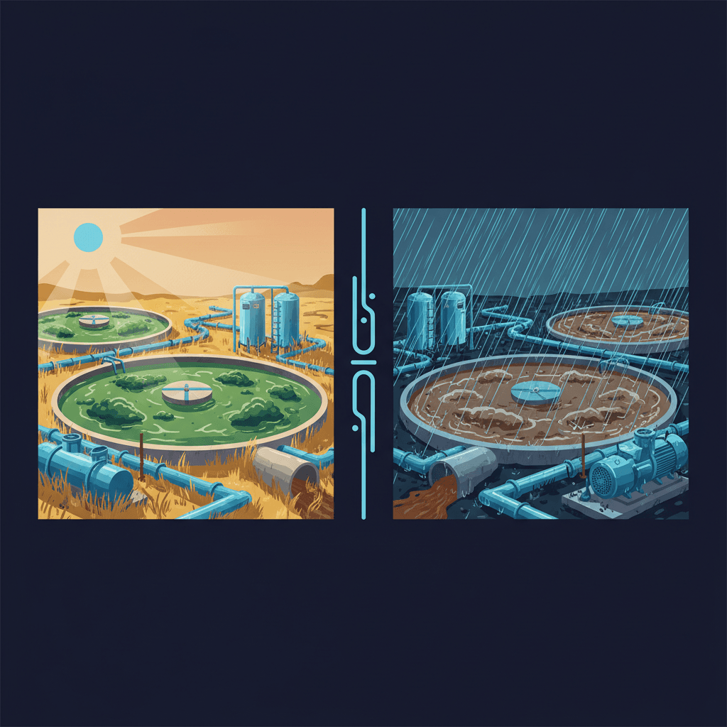 Split-screen illustration showing a water treatment plant in summer with bright sun and algae-filled water on one side, contrasted with spring rainfall and muddy runoff on the other side, with pipes and chemical tanks visible