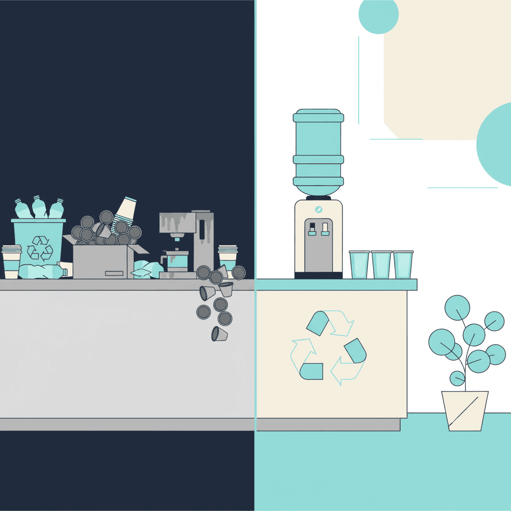 Split view of a cluttered breakroom with plastic waste versus a modern wellness hub with bottleless water system