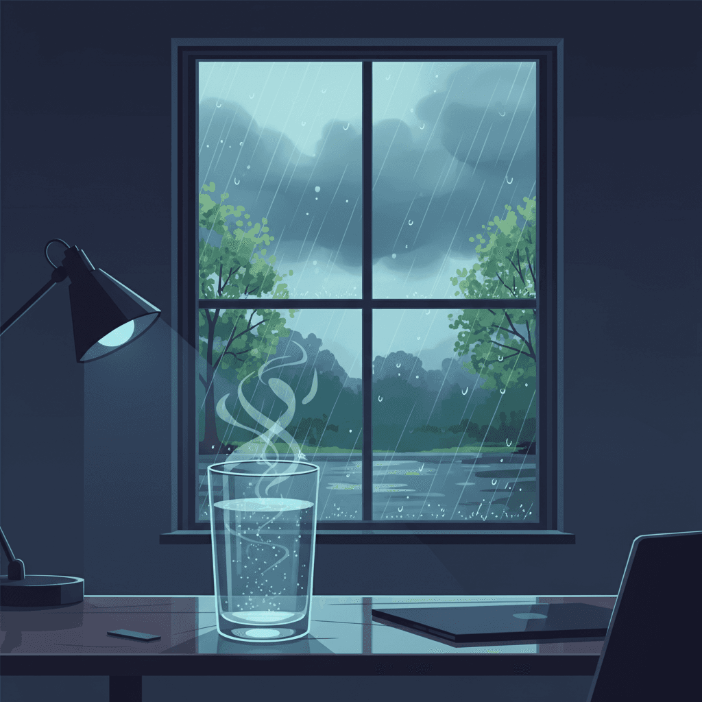 A glass of water sitting on an office desk next to a window showing spring rain, with subtle chlorine vapor wisps rising from the glass, illustrating how seasonal weather affects municipal water treatment and taste.