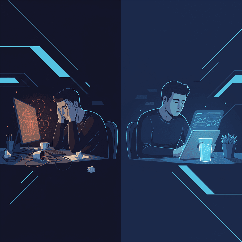 Split scene showing a tired office worker rubbing their temples at a cluttered desk on the left, and the same person alert and focused with a glass of water on the right, highlighting the stark contrast between dehydrated and hydrated cognitive states