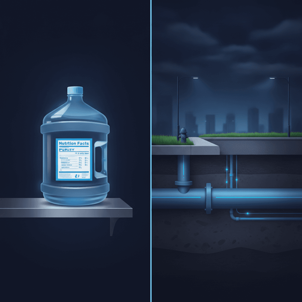 A split-screen illustration: on the left, a plastic five-gallon water jug sitting on a grocery-style shelf with a nutrition-facts-style label; on the right, a cutaway of a municipal water main running under a city street. Clean editorial style, muted blues and grays, thin dividing line down the center.