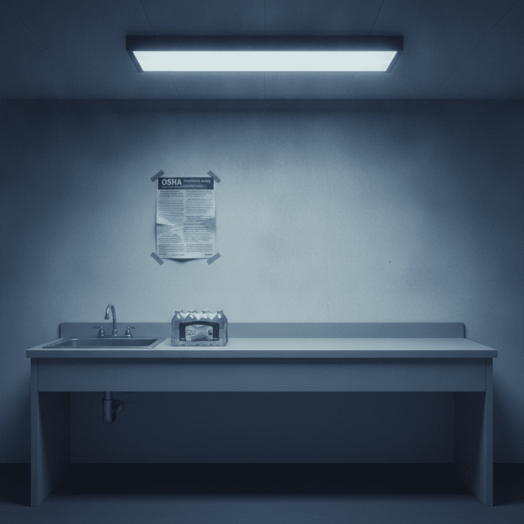 A plain office breakroom counter with a lone case of plastic water bottles stacked beside a sink, a faded OSHA workplace poster taped to the wall above it, harsh fluorescent light, documentary photo style.