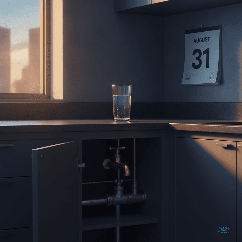 A late-summer office breakroom in warm afternoon light, with a single glass of water on the counter and an old brass faucet on aging copper plumbing visible under the sink, calendar on the wall showing the last day of August.