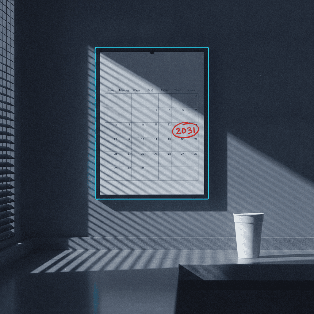 A wall calendar in an office breakroom with the year 2031 circled in red marker, a paper cup of water sitting next to it on the counter, late afternoon light through blinds, slightly gritty documentary photo style.