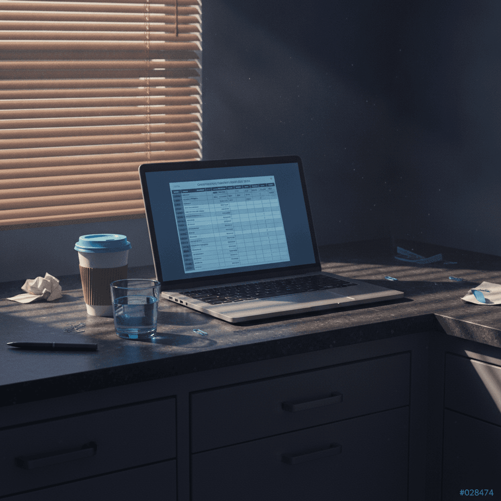 A laptop open on a cluttered office breakroom counter showing a government water-quality data table, a paper coffee cup and a half-full glass of water beside it, late afternoon light through blinds, documentary photo style.