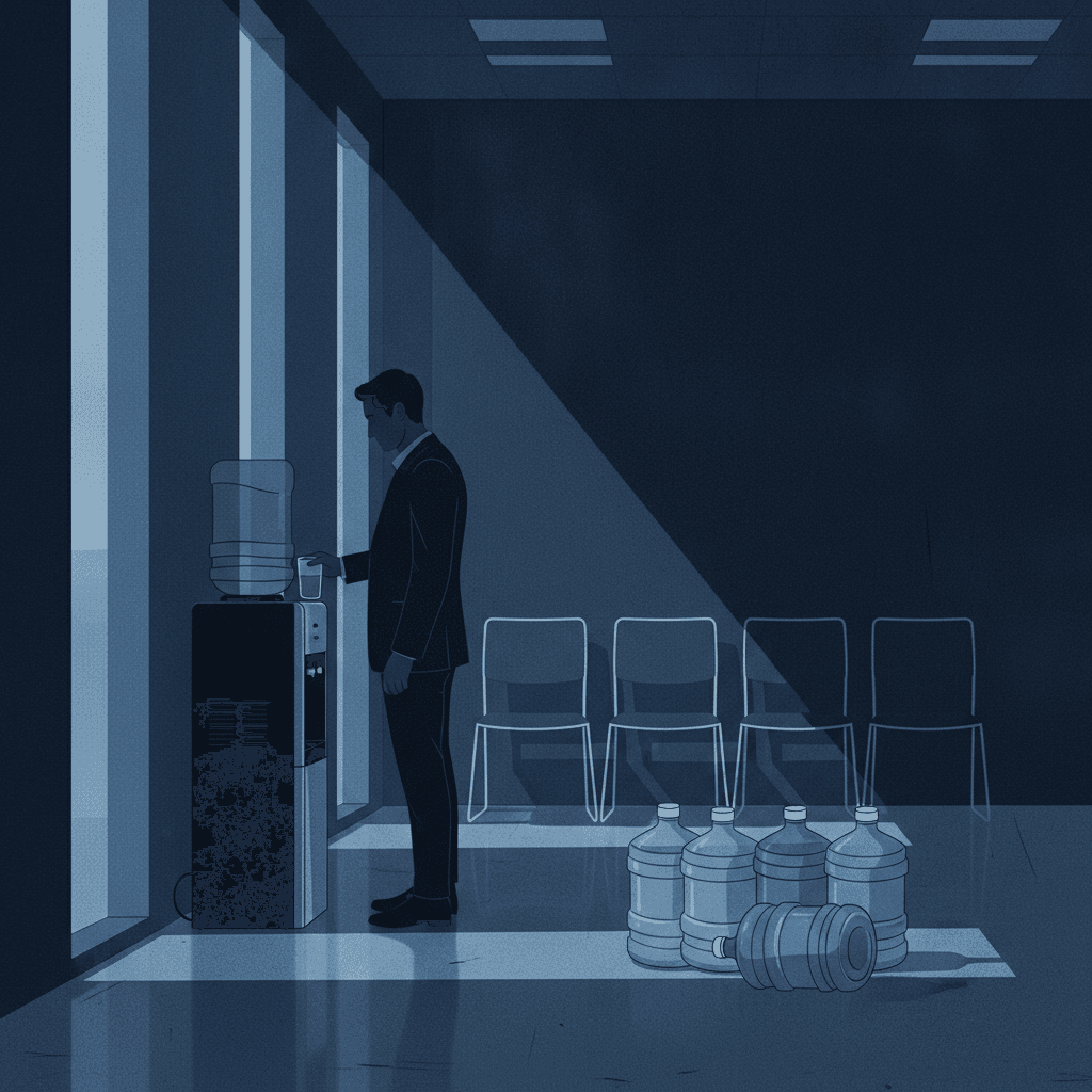 A half-empty modern office breakroom in late afternoon light, with a stack of unopened five-gallon water bottles crowded against the wall and a single person filling a cup at the cooler, rows of empty chairs behind them.
