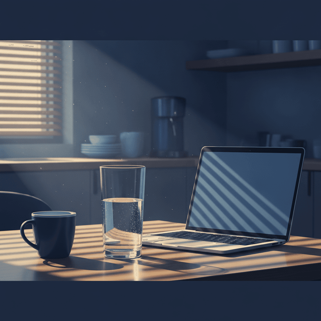 A dim office breakroom in late afternoon light: a full glass of water sitting untouched next to a laptop on a desk, condensation running down the side, an empty coffee cup beside it, warm September sun cutting through blinds.